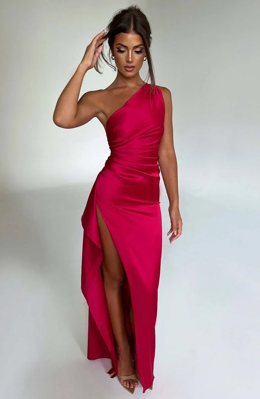 Vestido Mujer de Satén Partido con Un Hombro - Mavetta