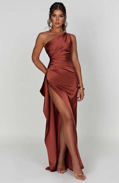 Vestido Mujer de Satén Partido con Un Hombro