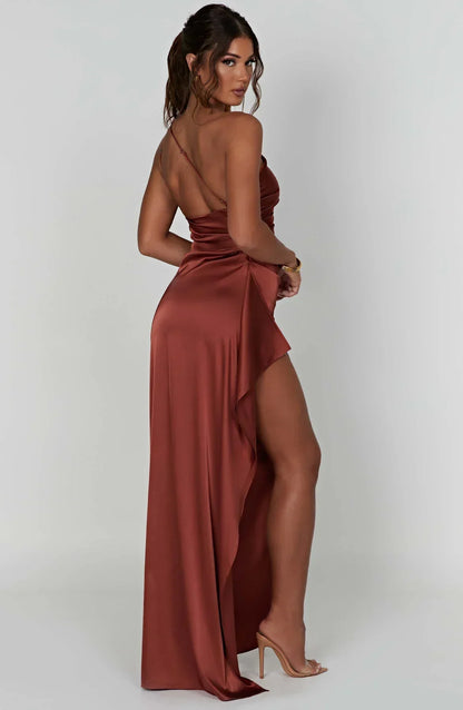 Vestido Mujer de Satén Partido con Un Hombro
