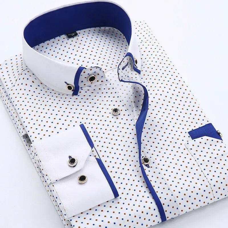 Camisa Hombre Estampada Manga Larga Cuello Contraste
