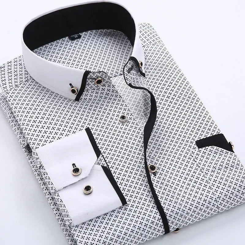 Camisa Hombre Estampada Manga Larga Cuello Contraste