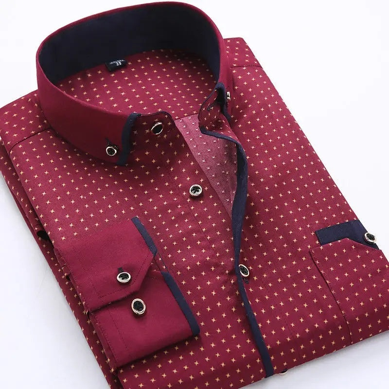 Camisa Hombre Estampada Manga Larga Cuello Contraste