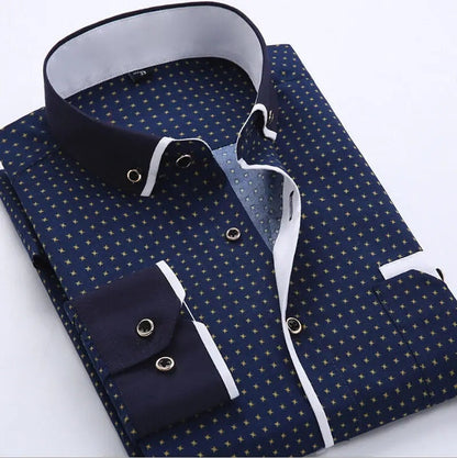 Camisa Hombre Estampada Manga Larga Cuello Contraste