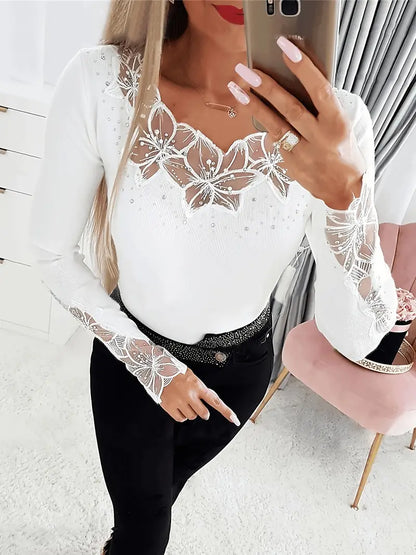 Blusa mujer de encaje cuello en V estilo elegante y cómoda