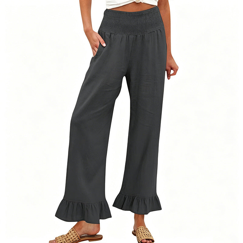 Pantalón mujer algodón y lino ancho tiro alto volante boho