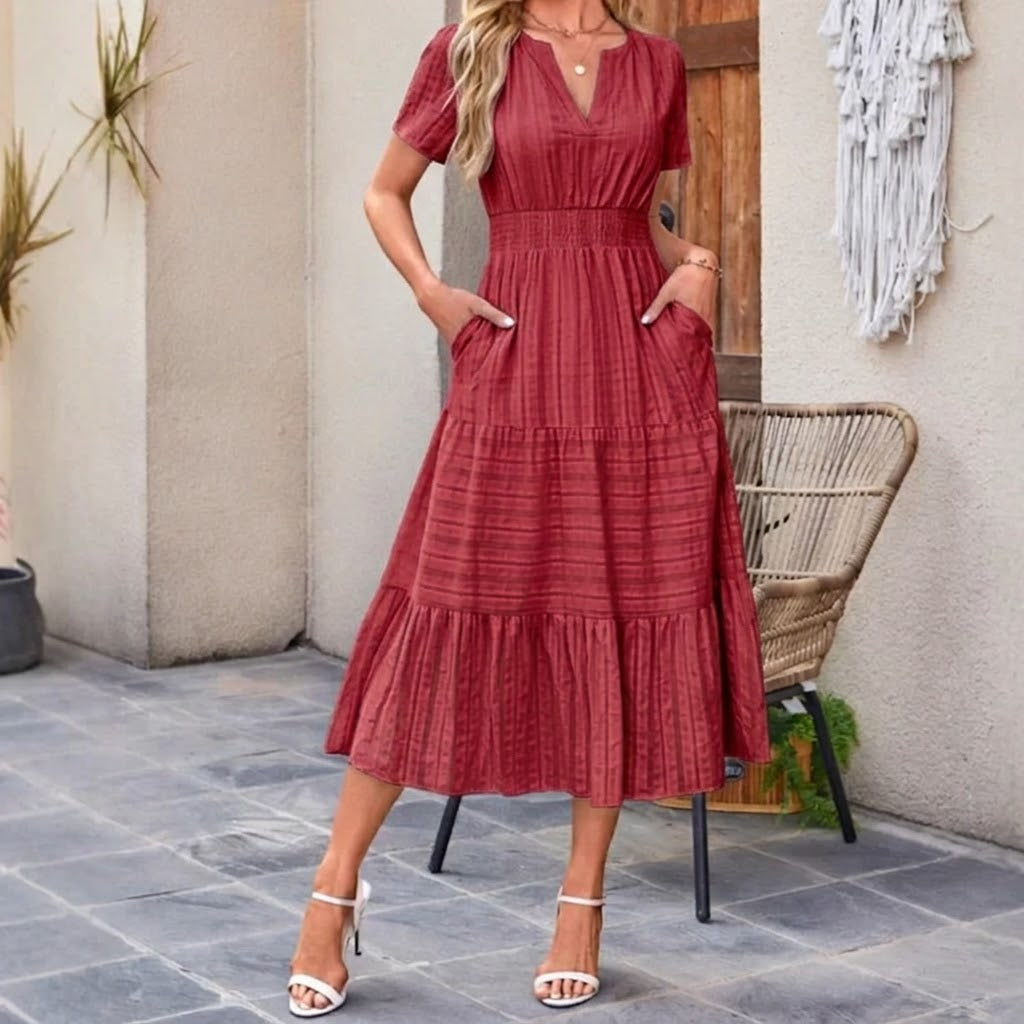 Vestido largo Mujer de lino Manga corta cuello en V