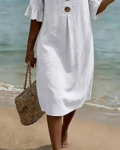 Vestido mujer de lino manga abullonada estilo fresco