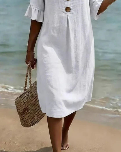 Vestido mujer algodón y lino suelto con botones verano