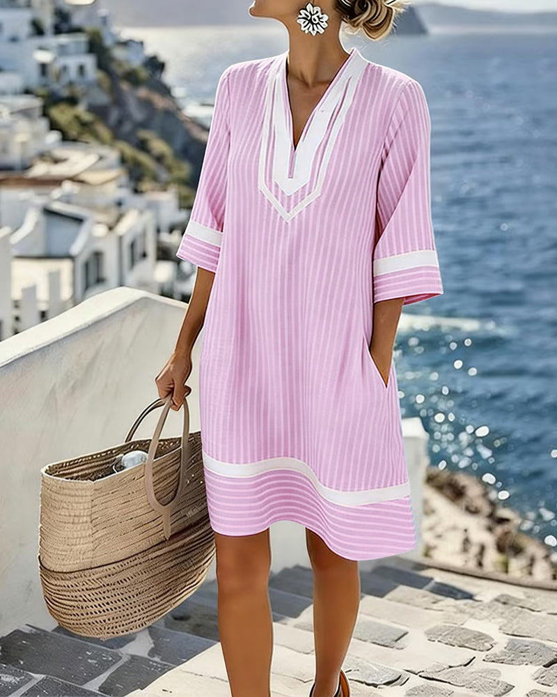 Vestido Mujer Rayas Cuello en V Estilo Casual Veraniego