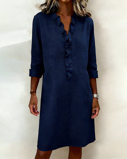 Vestido mujer lino algodón escote en V volantes casual