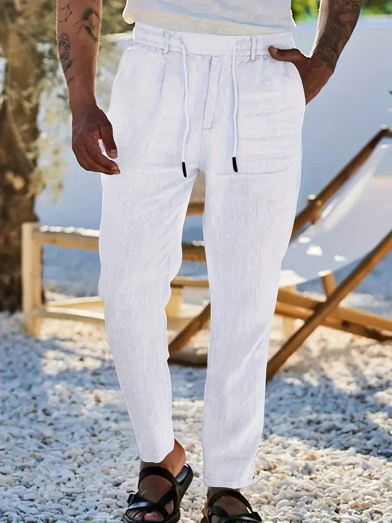 Pantalones Lino Hombre Anchos Cordón Ajustable