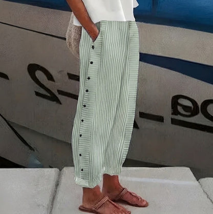 Pantalón recto Mujer con botones laterales y rayas