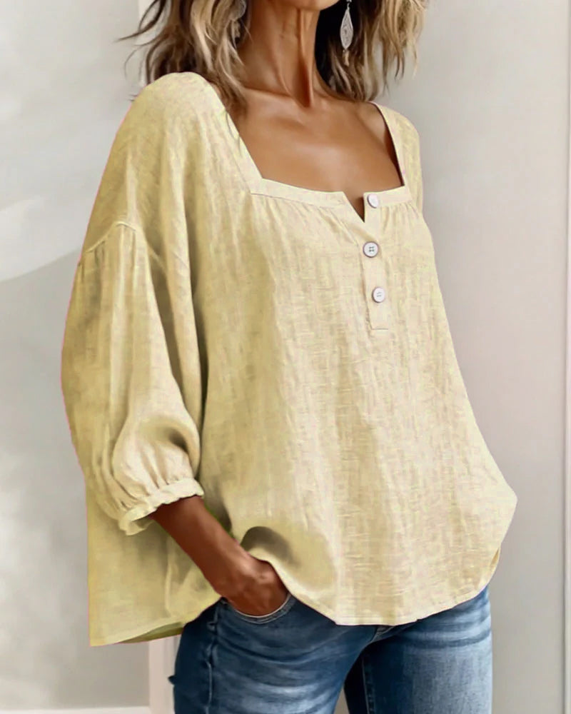 Blusa Mujer Escote Cuadrado Botones Ajuste Clasico
