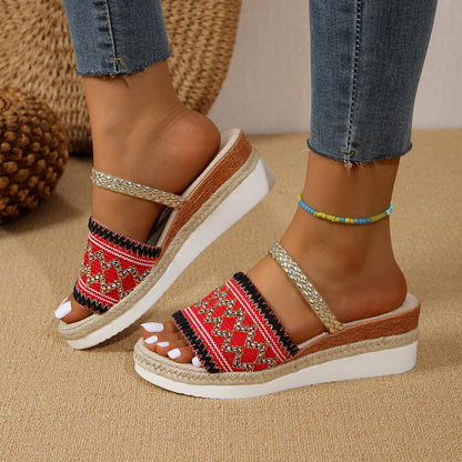 Sandalias Cuña Mujer Diseño Ondas Estilo Étnico Verano