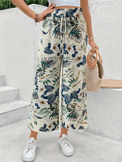 Pantalón Mujer Estampado Tropical Corte Ancho