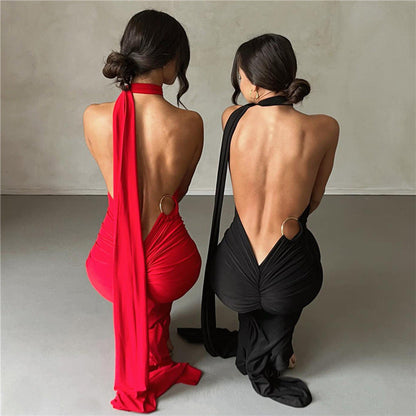 Vestido Largo Mujer Ajustado Fruncido Espalda Descubierta Fiesta