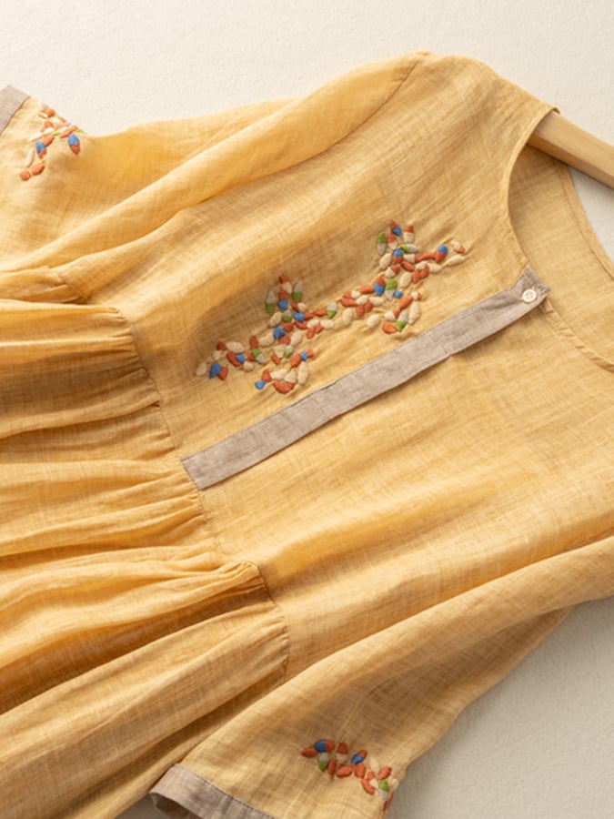Vestido Mujer Bordado Manga Larga Cuello Redondo