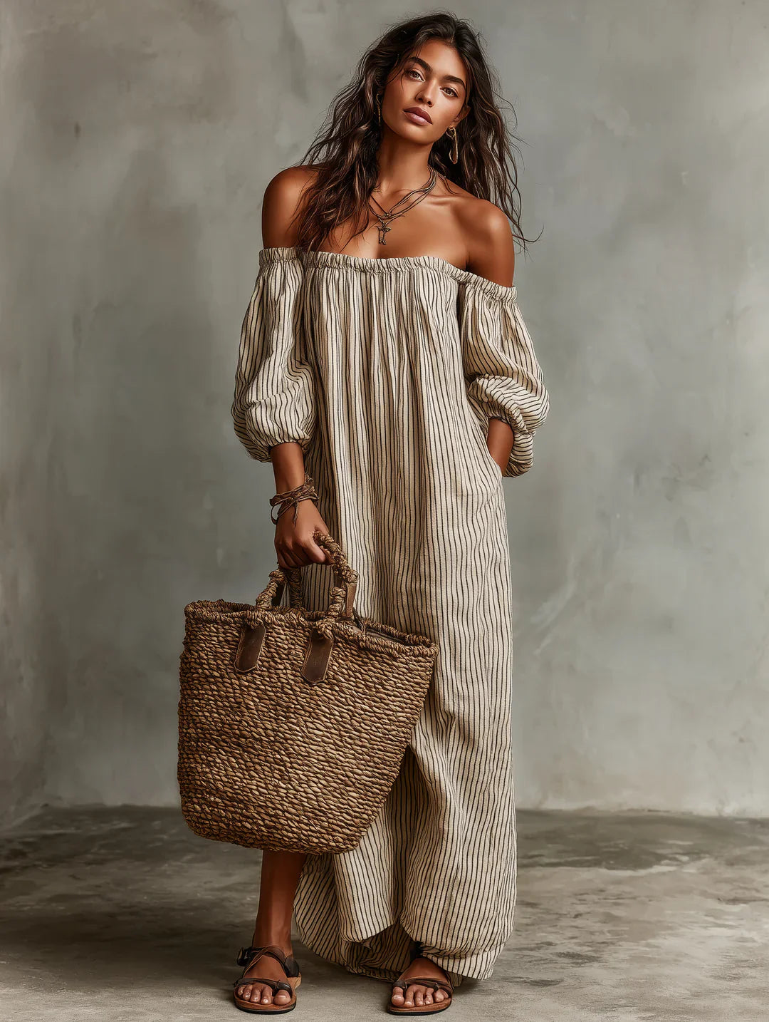 Vestido largo Mujer de Rayas con Hombros Descubiertos