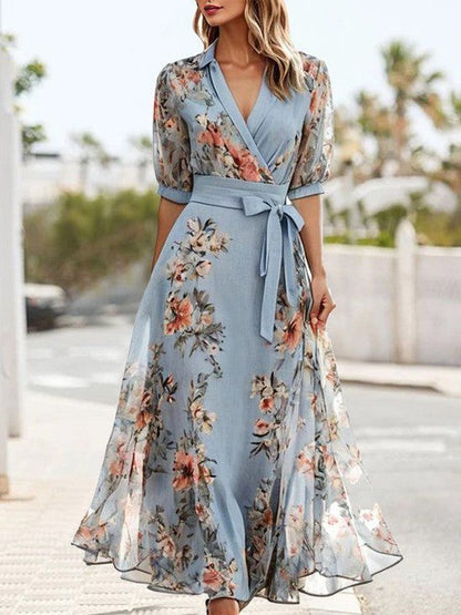 Vestido midi mujer con cuello en V y cinturón ajustable - Mavetta