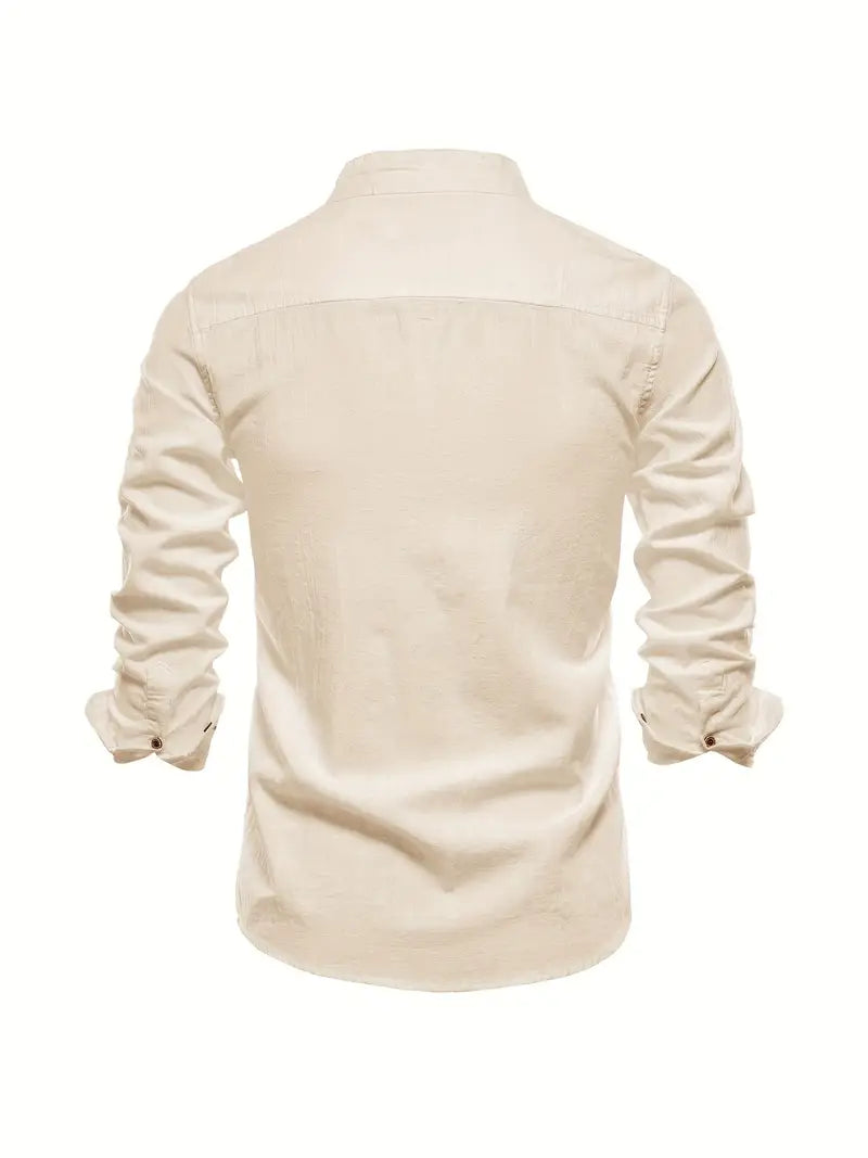 Camisa Hombre Slim Fit Algodón Cuello Mao Manga Larga