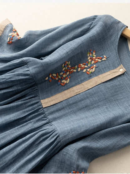 Vestido Mujer Bordado Manga Larga Cuello Redondo