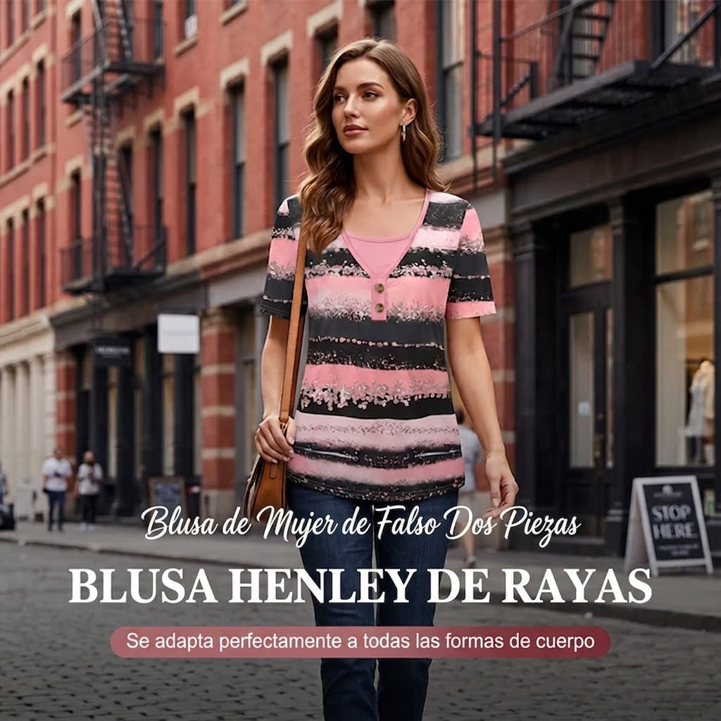 Camiseta henley mujer de algodón estampada estilo casual - Mavetta