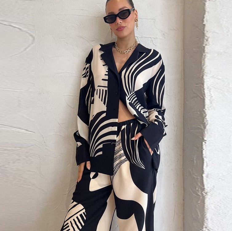 Conjunto Mujer Dos Piezas Camisa Manga Larga Botones y Pantalón
