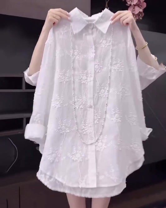 Camisa mujer de tejido ligero hombros caídos bordado - Mavetta