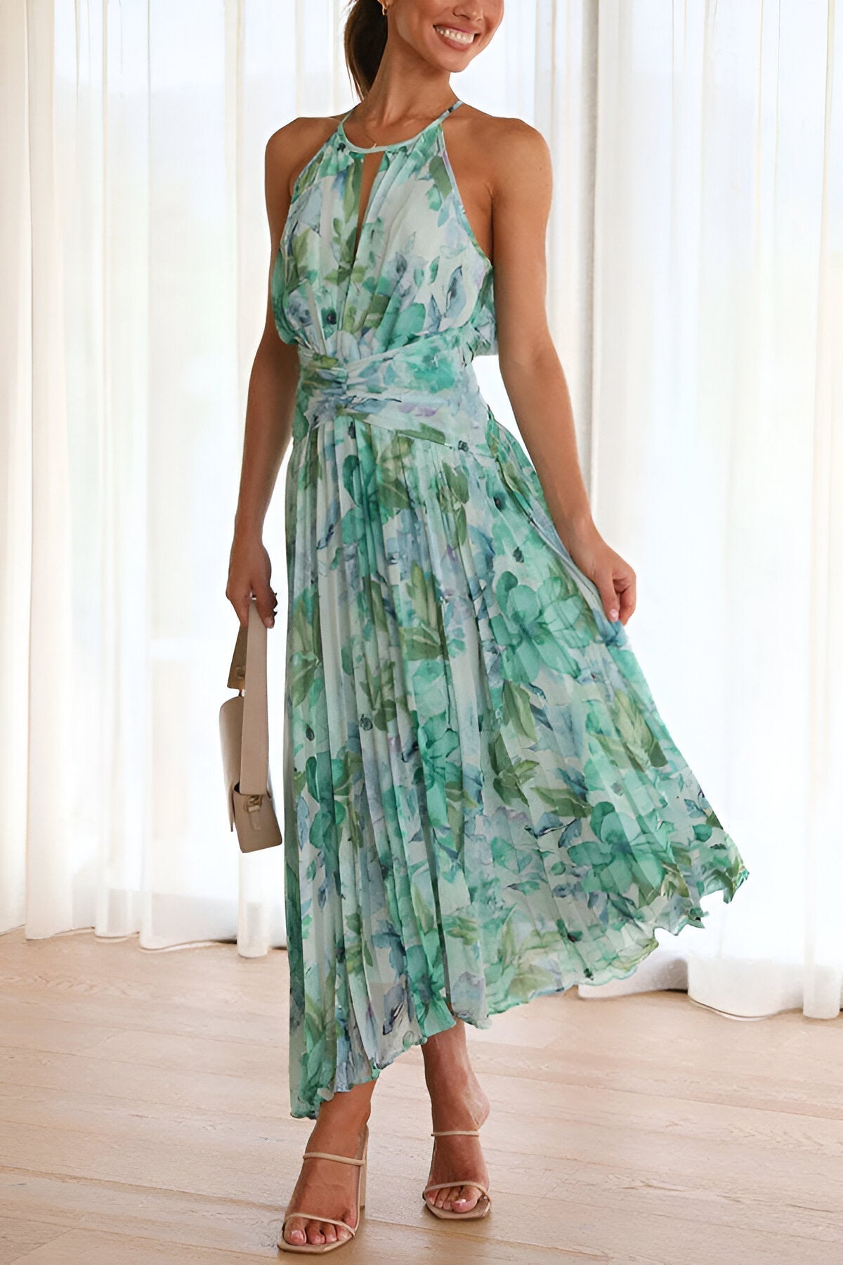 Vestido maxi mujer con pliegues y estampado floral