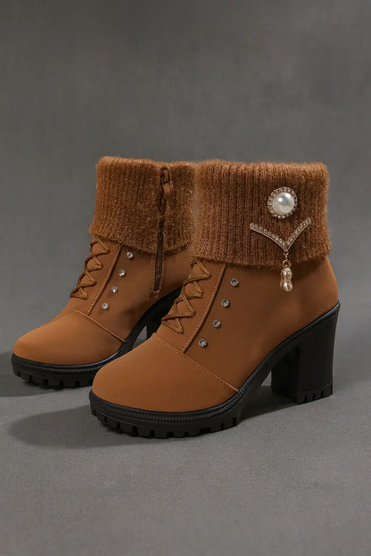 Botas Mujer Tacón Grueso Forro Cálido