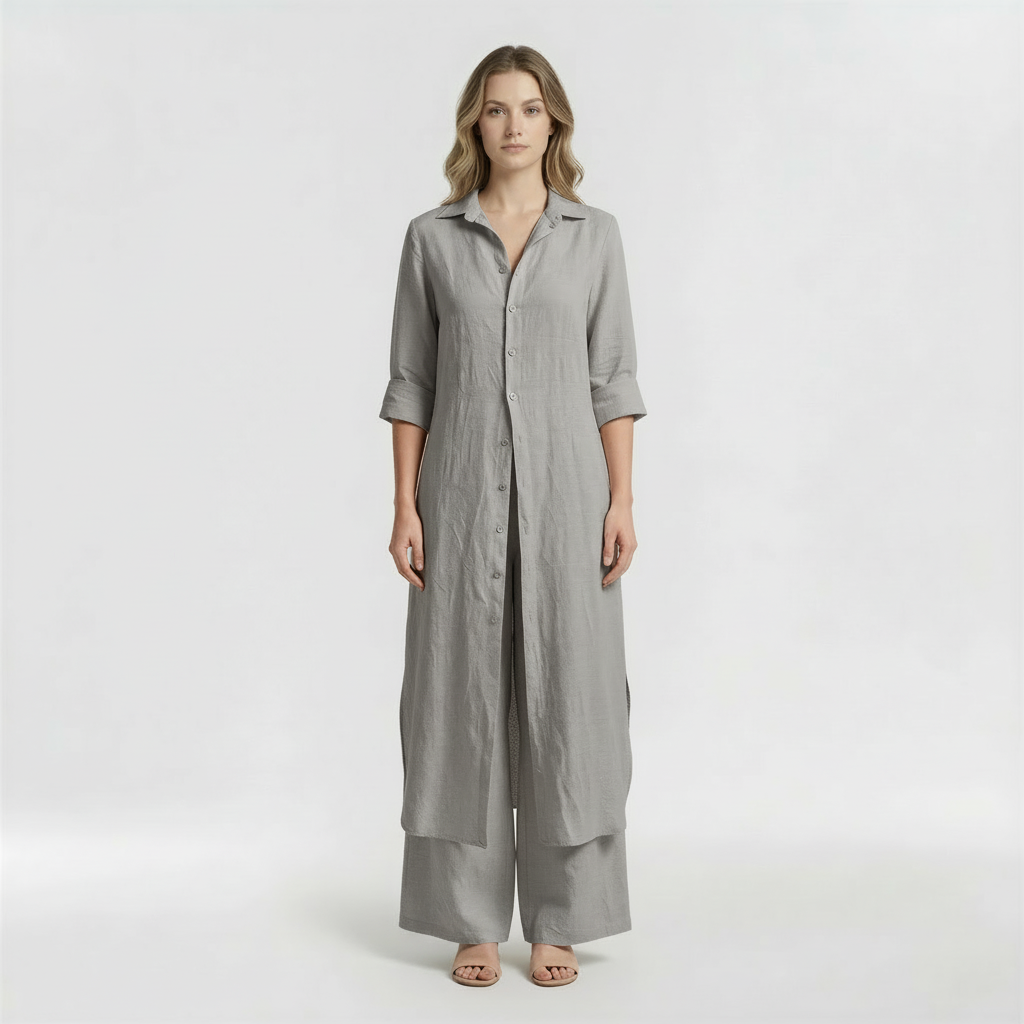 Conjunto Mujer Camisa Larga y Pantalón Pata Ancha Mezcla Lino