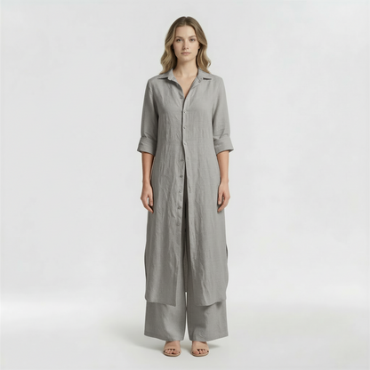 Conjunto Mujer Camisa Larga y Pantalón Pata Ancha Mezcla Lino