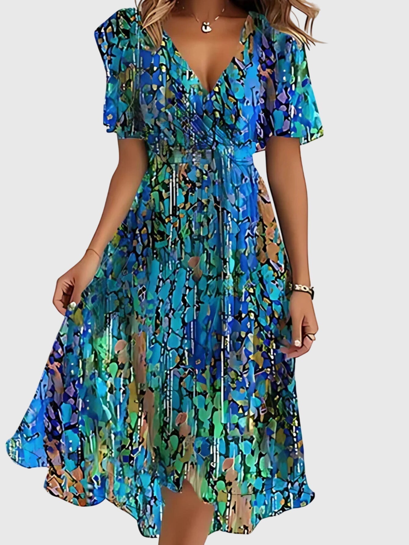Vestido verano mujer escote en V cruzado falda fluida cintura