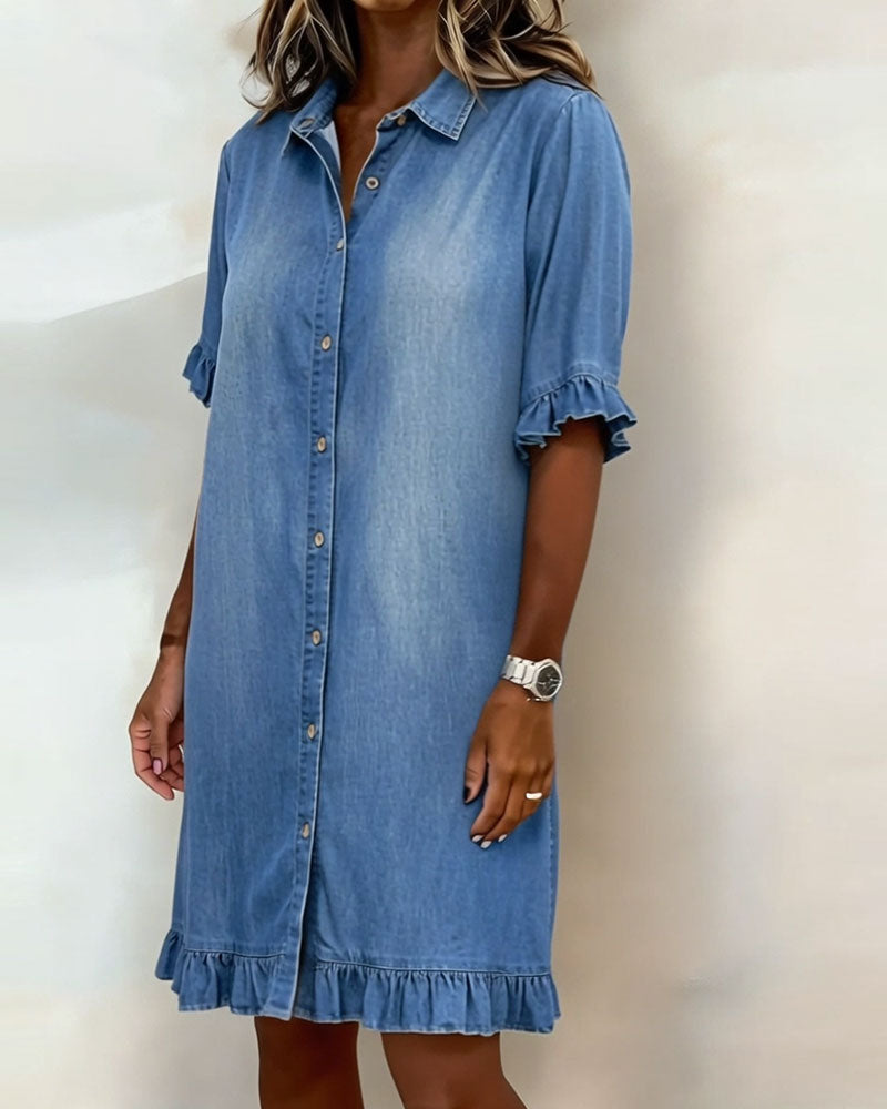 Vestido Mujer de Denim con Botones y Volantes Estilo Casual
