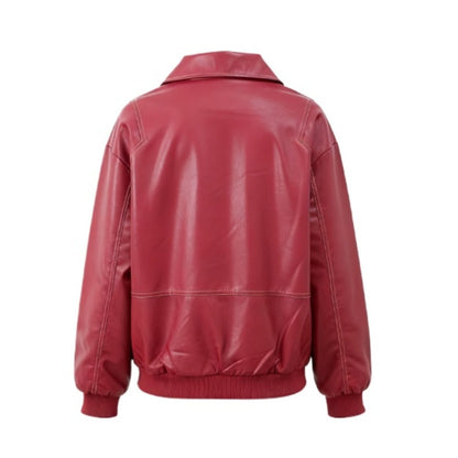 Cazadora Bomber Mujer Cuero Sintético Oversize Costuras Contrastadas