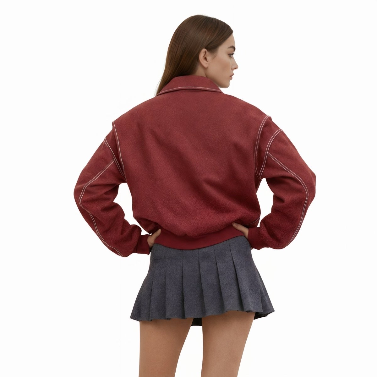 Cazadora Bomber Mujer Cuero Sintético Oversize Costuras Contrastadas