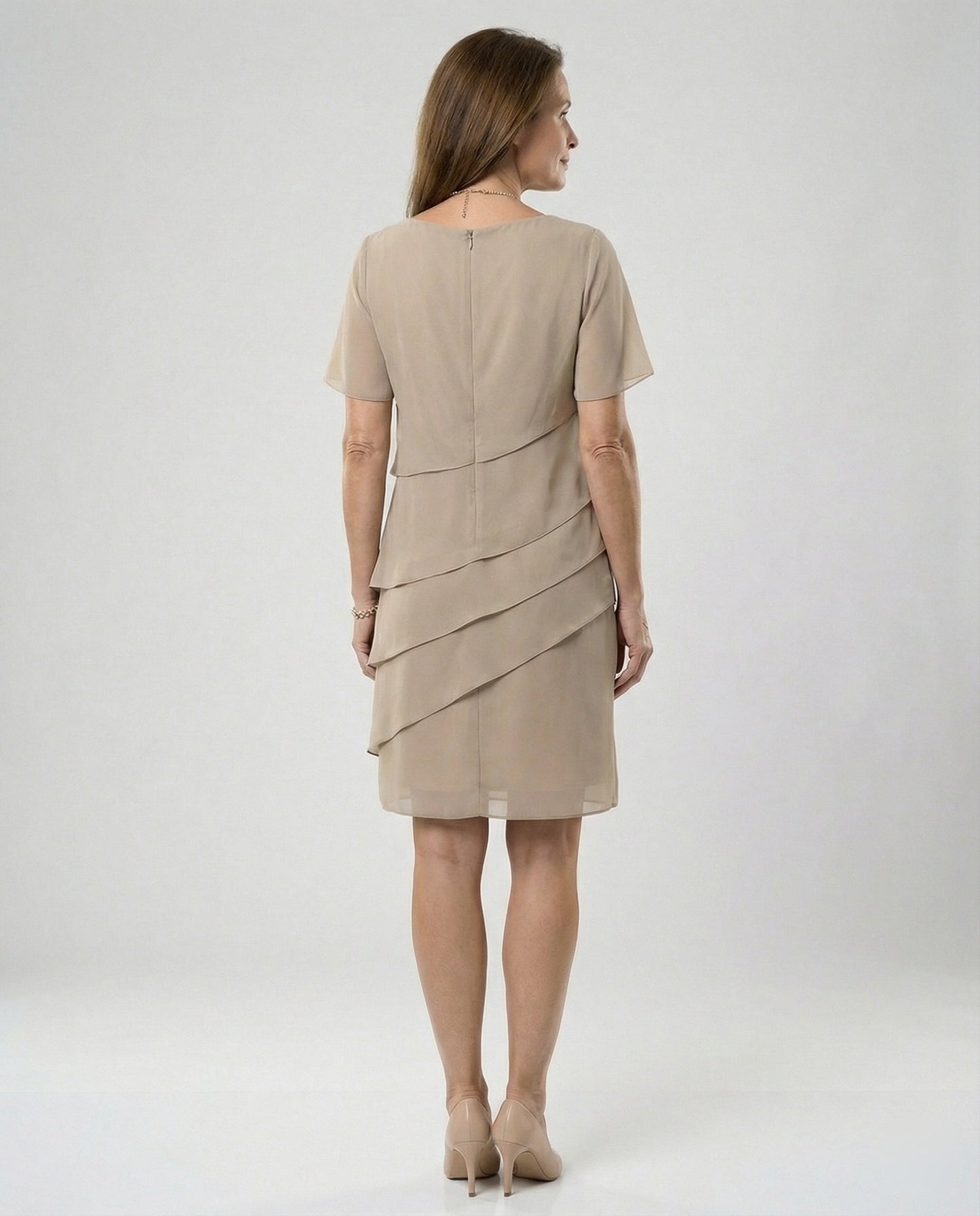 Vestido Mujer de Gasa Corte en Capas Cuello Redondo Manga Corta