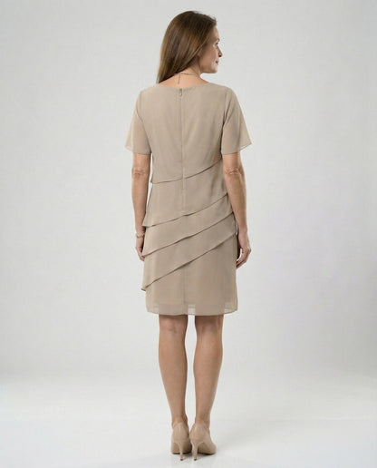 Vestido Mujer de Gasa Corte en Capas Cuello Redondo Manga Corta