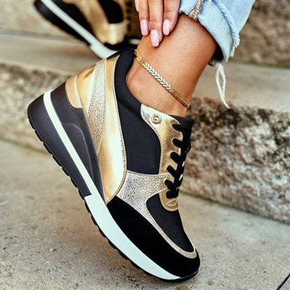 Zapatillas Plataforma Mujer Material Brillante con Cordones