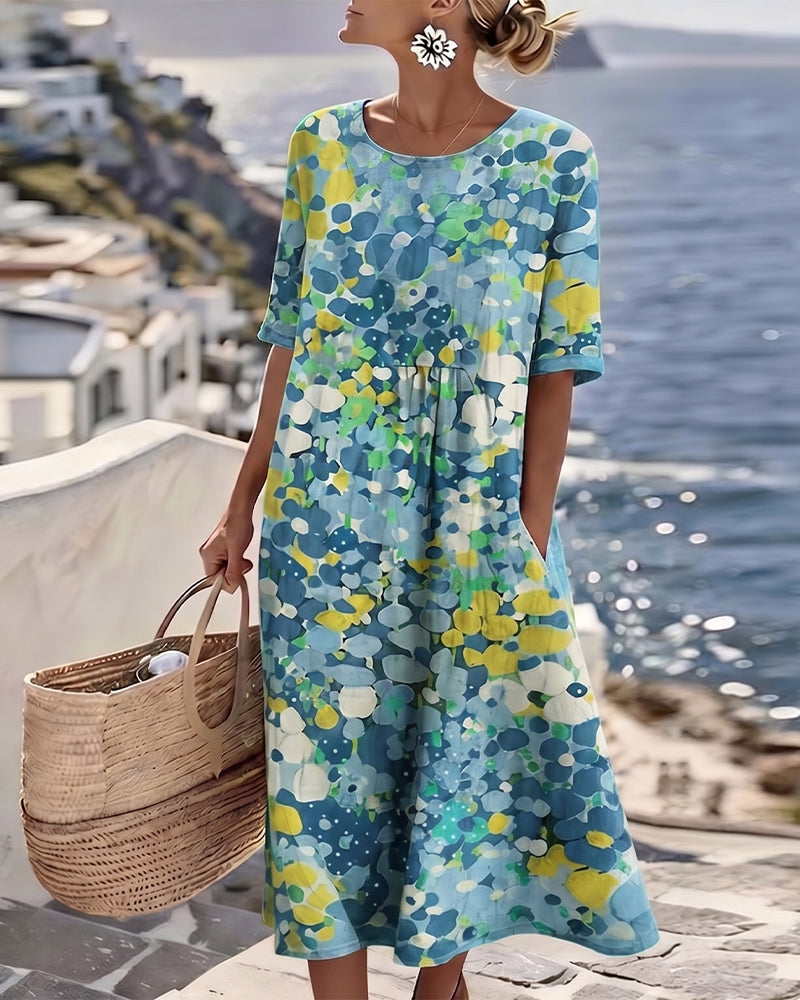 Vestido midi mujer algodón lino estampado bolsillos verano