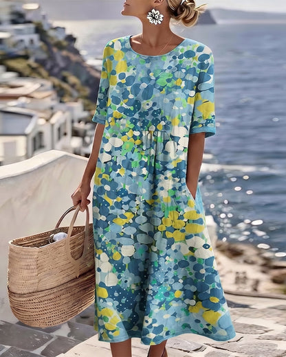 Vestido midi mujer algodón lino estampado bolsillos verano