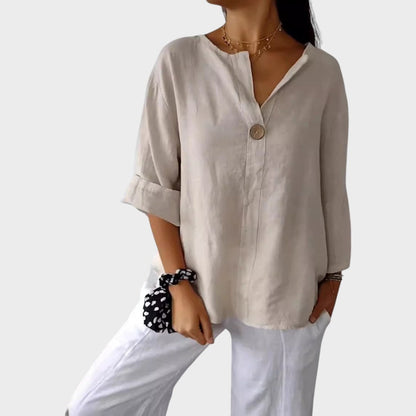 Blusa Mujer de Lino Escote en V Casual Elegante
