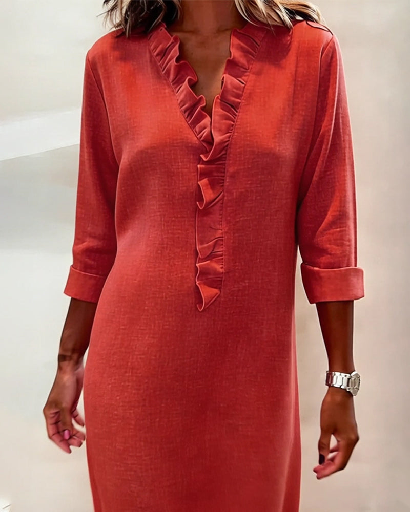 Vestido mujer lino algodón escote en V volantes casual