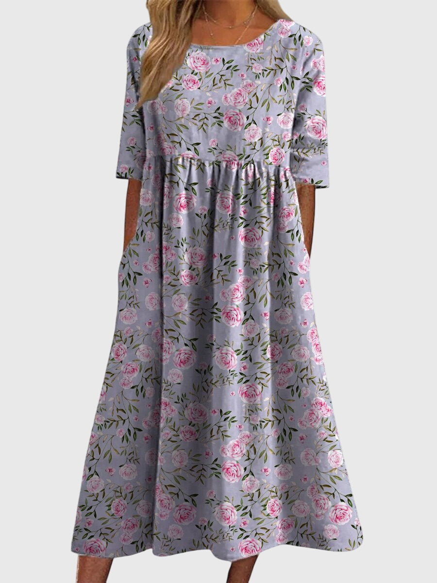 Vestido Mujer Estampado Floral Manga Tres Cuartos Falda Fluida