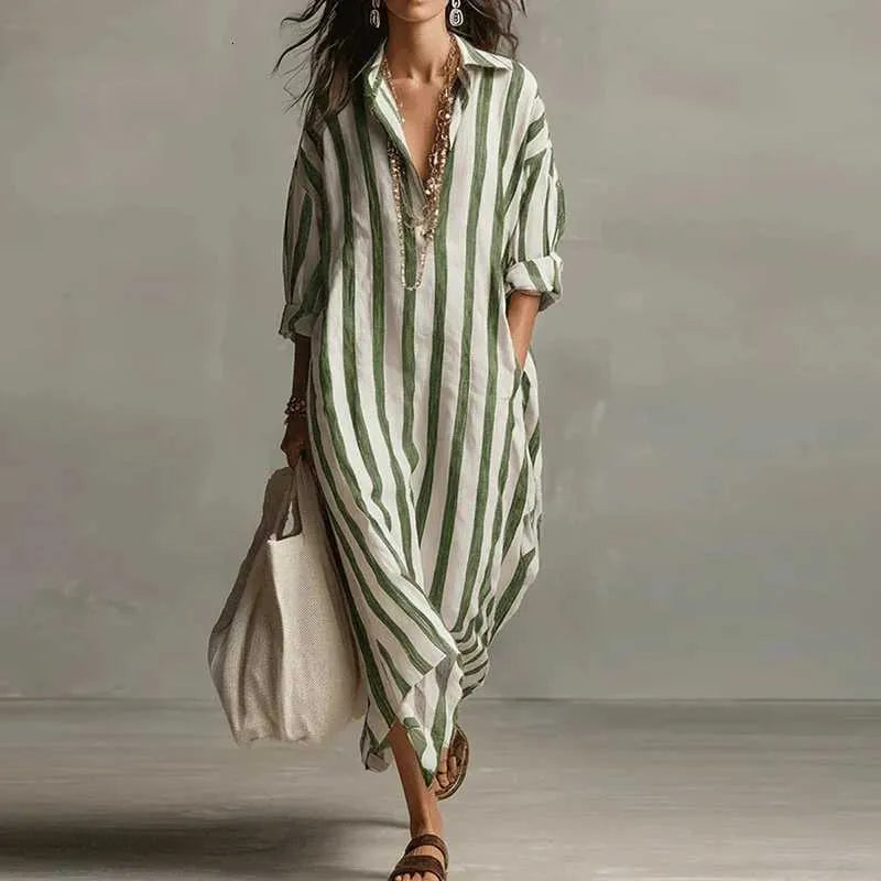 Vestido camisero largo mujer de rayas fluido - Mavetta