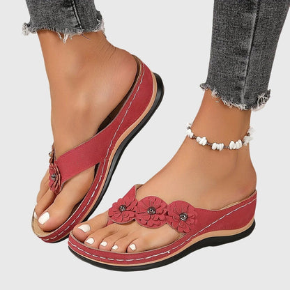 Chanclas Mujer Cuña Baja Flores Decorativas