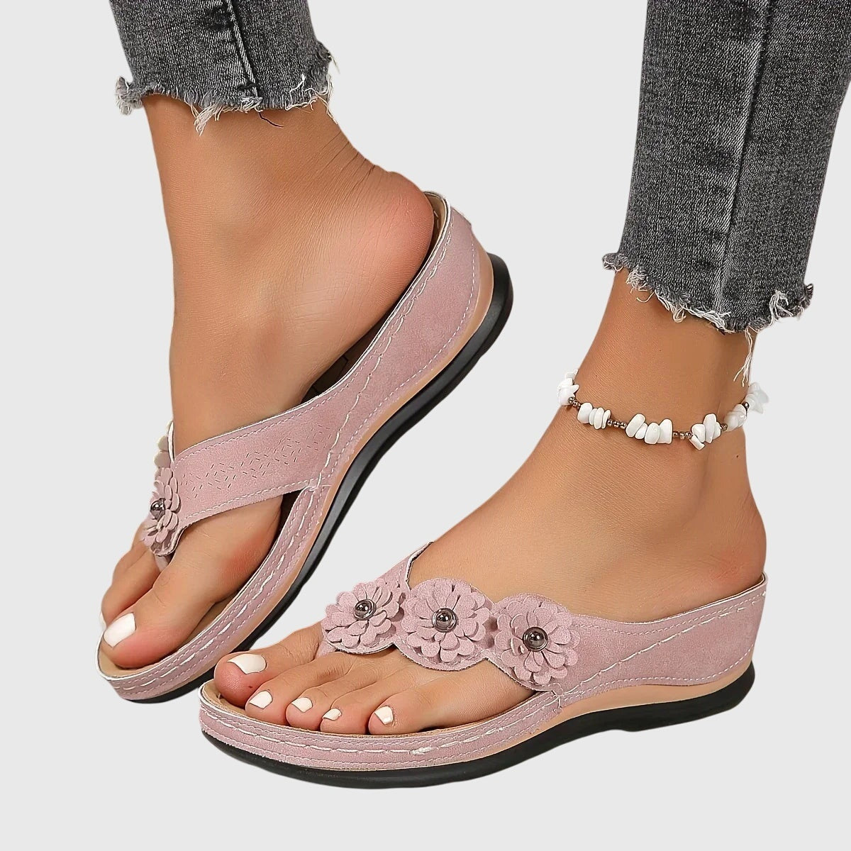 Chanclas Mujer Cuña Baja Flores Decorativas