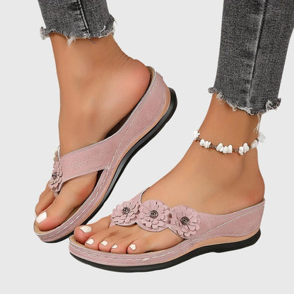 Chanclas Mujer Cuña Baja Flores Decorativas