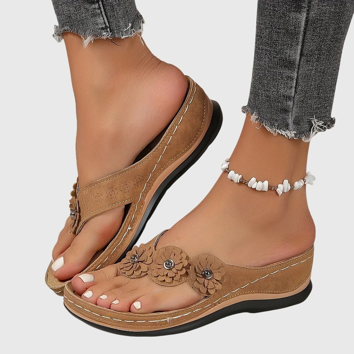 Chanclas Mujer Cuña Baja Flores Decorativas - Mavetta