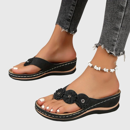 Chanclas Mujer Cuña Baja Flores Decorativas